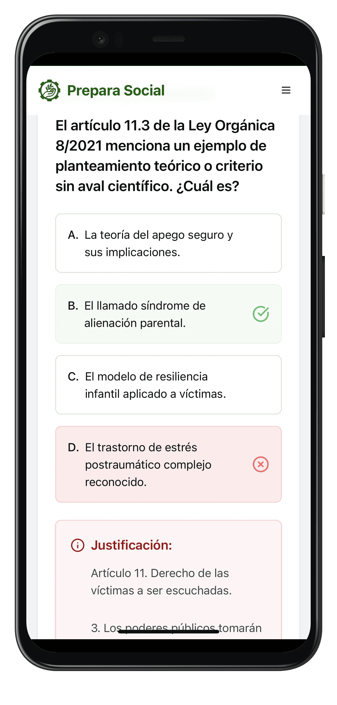 Vista de un test de Prepara Social en un teléfono móvil